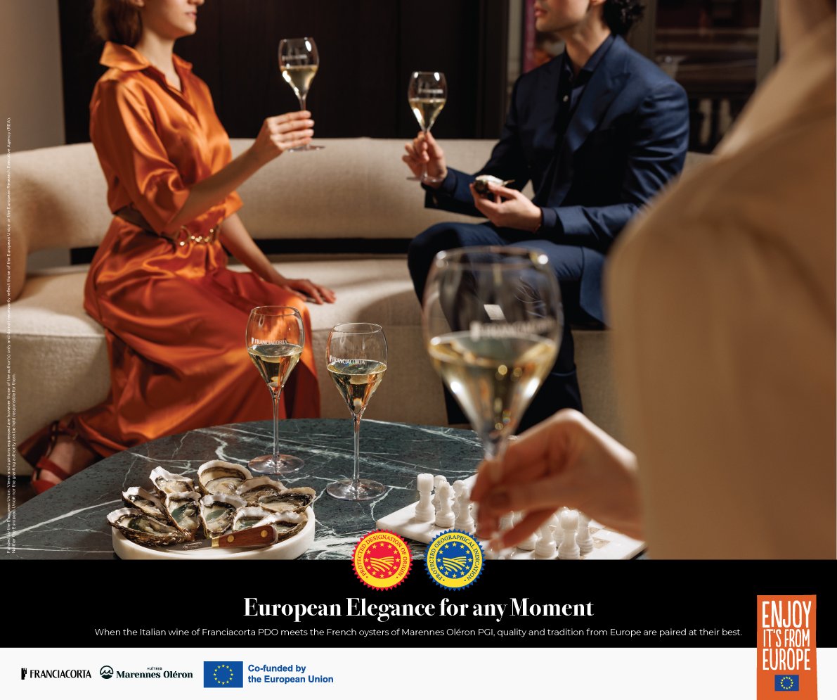 歐洲優雅，時刻相伴：當意大利Franciacorta PDO（馥奇達）氣泡酒浪漫邂逅法國 Marennes Oléron（馬雷恩—歐雷宏）PGI 生蠔，完美詮釋歐洲卓越品質與傳統技藝的絕配風味。